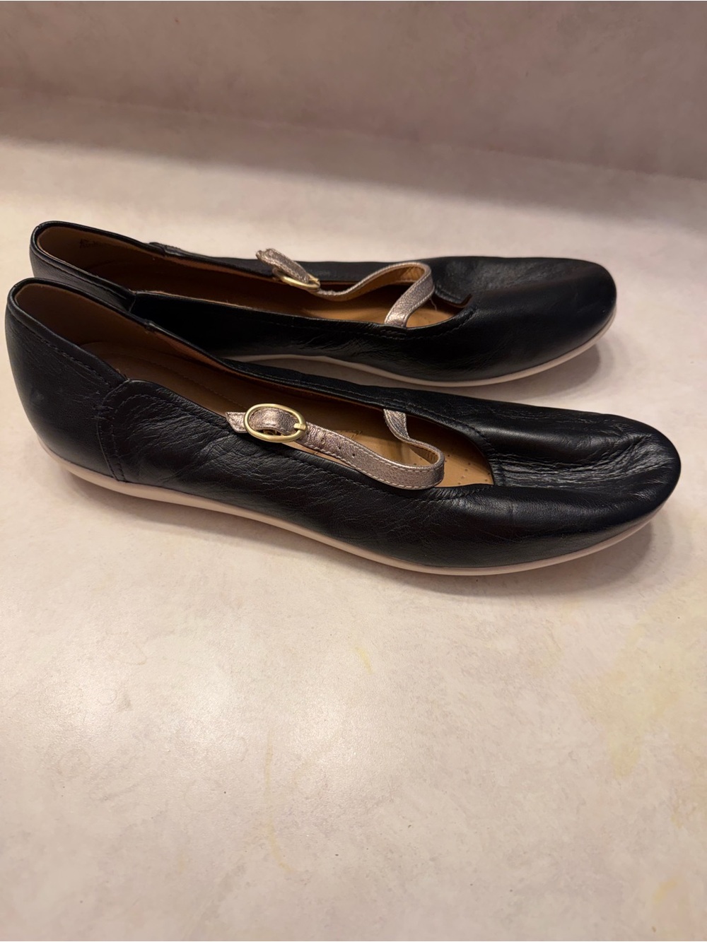 Clarks Black Leather Mary Jane Flats with Metallic Strap